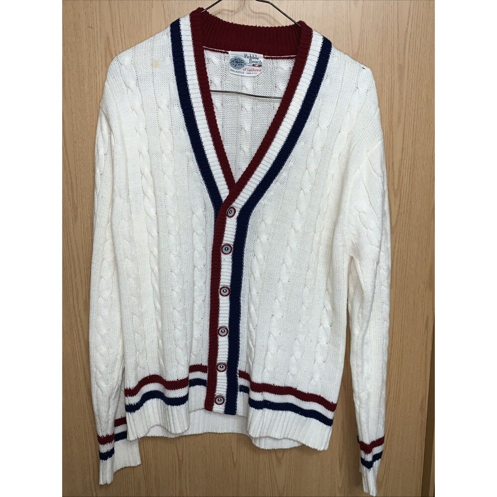 Pebble Beach Of California Vintage Womens Cardigan Sweater red, white, and blue